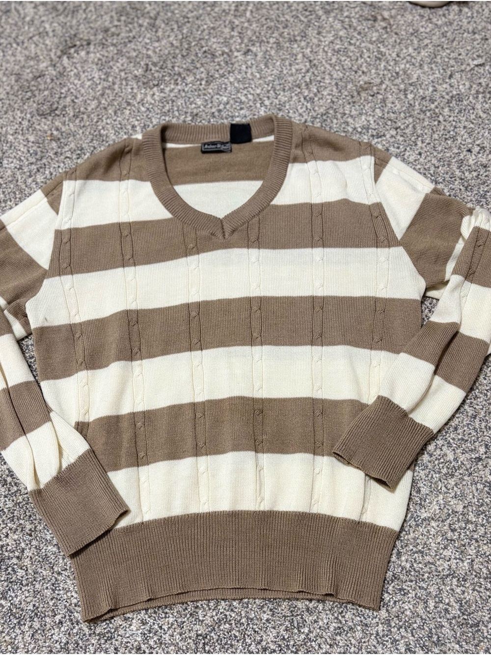 Striped V-Neck Sweater in Cream and Tan — Lightweight Knit